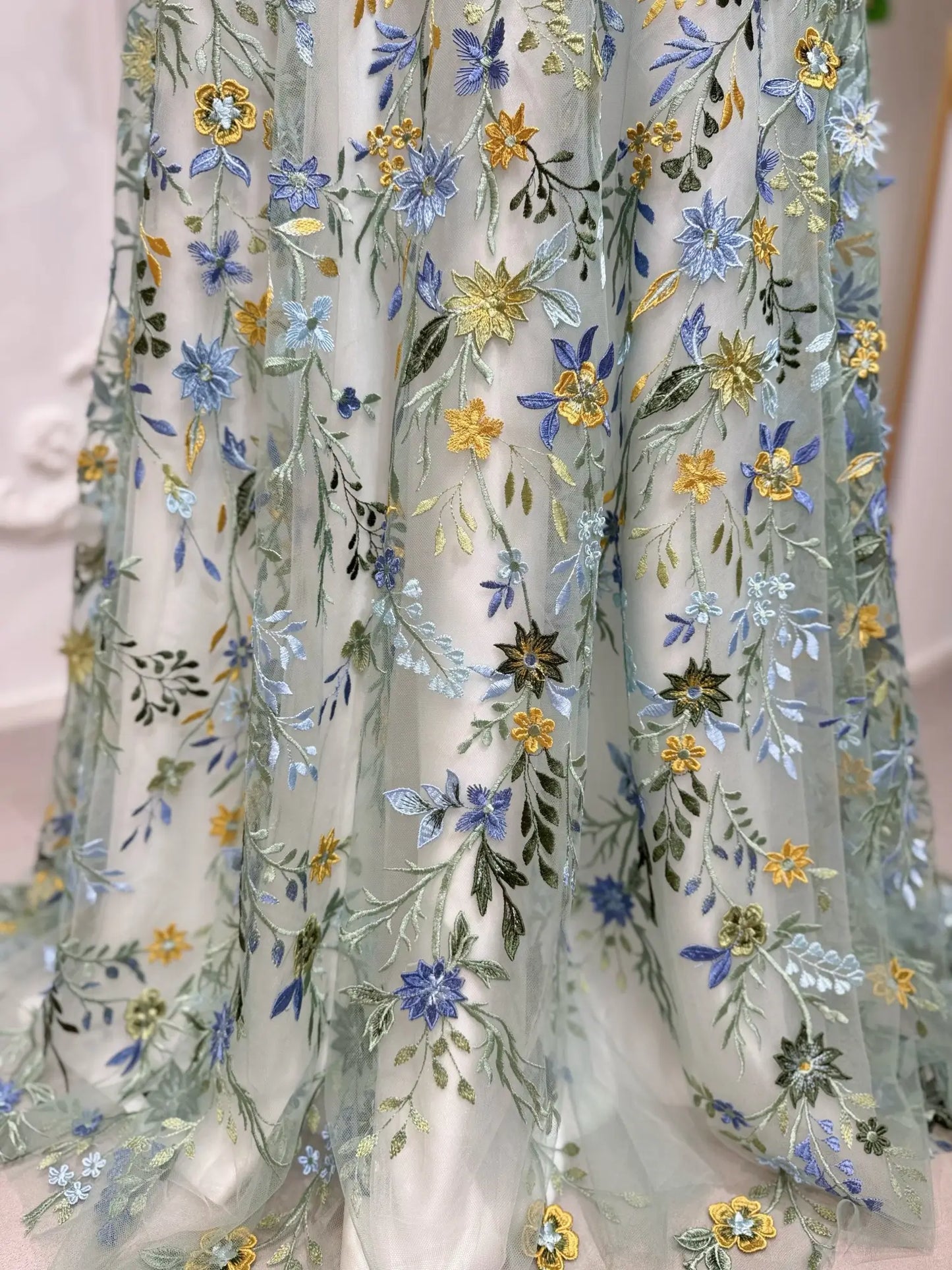 Meadow - Green Floral Embroidered Wedding Dress with Puff Sleeves