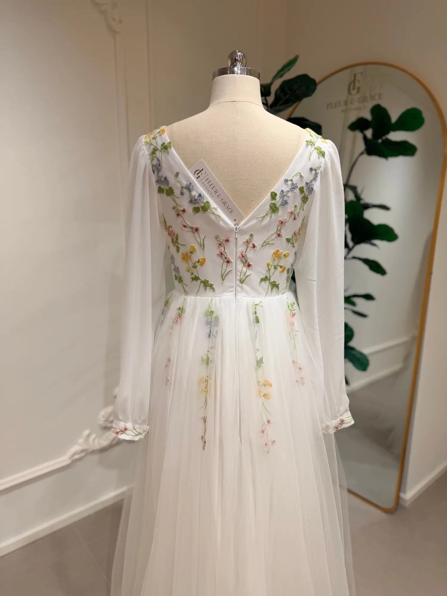 Stacey - Floral Embroidered A-Line Wedding Dress with Slit