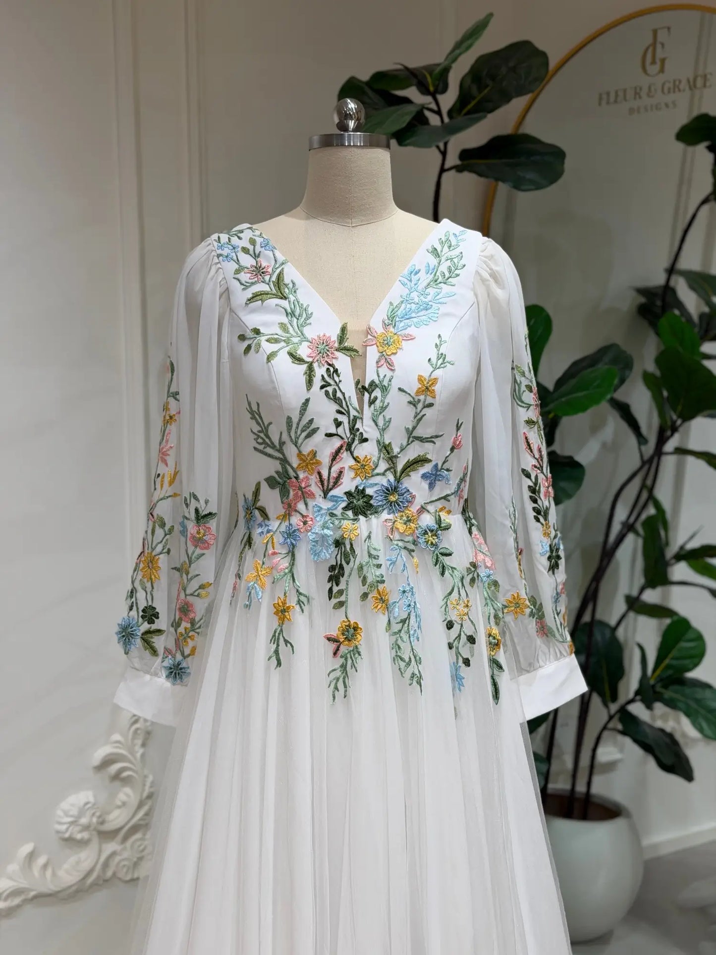 Abella - Floral Embroidered Wedding Dress with Long Sleeves