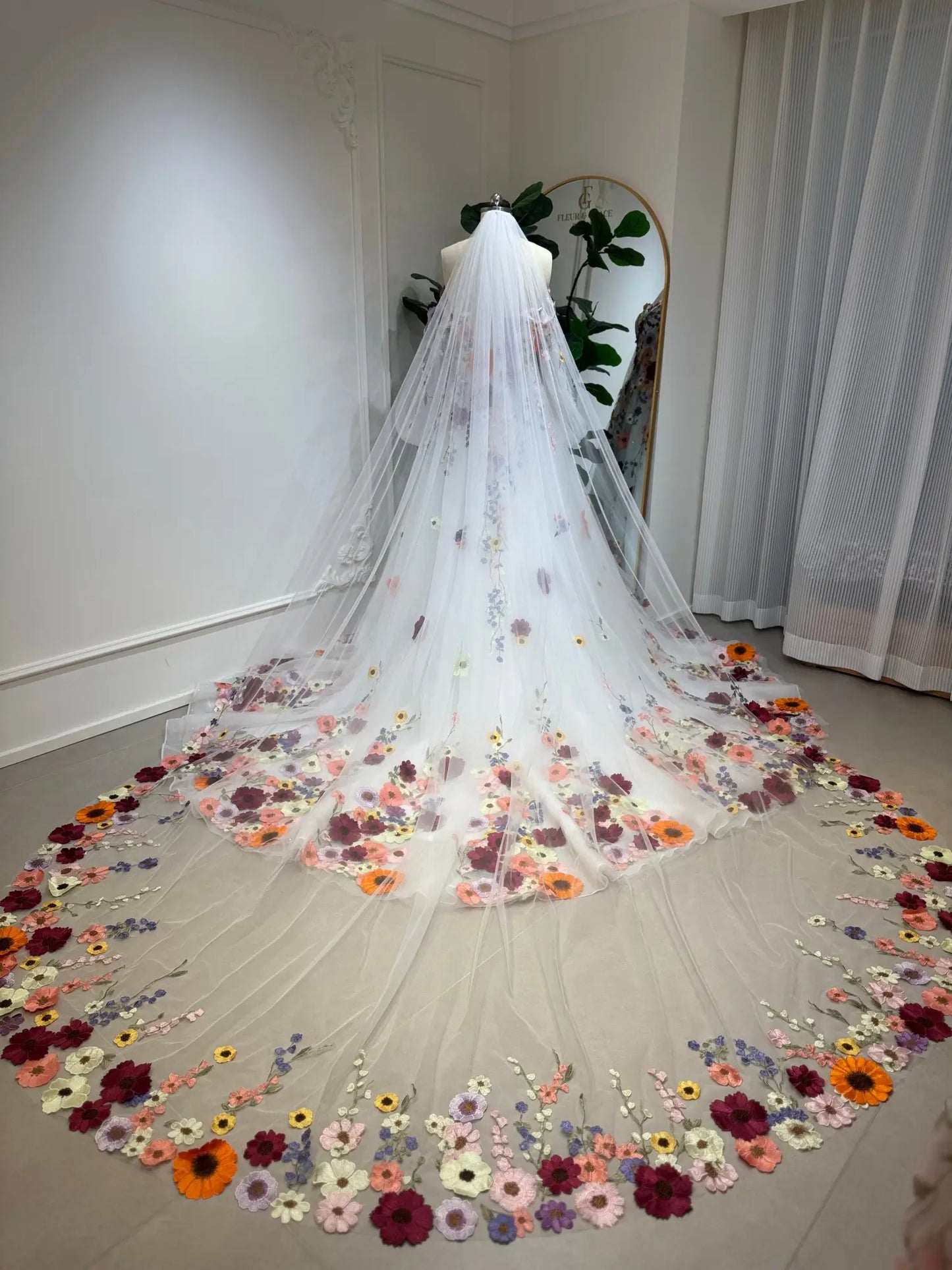 Alina Veil - Cathedral Wedding Veil with 3D Embroidered Flowers