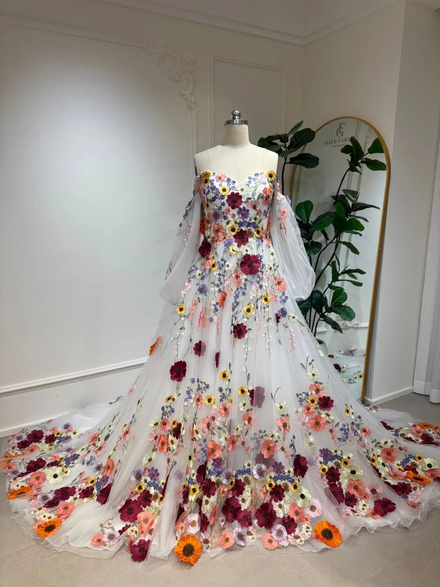 Alina - 3D Floral Wedding Dress with Off-the-Shoulder Sleeves