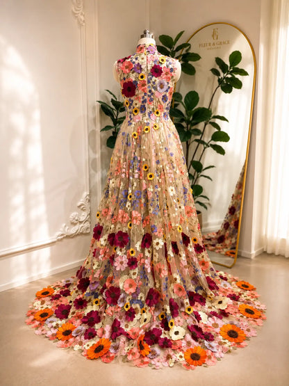 High-neck A-line wedding dress featuring colorful 3D floral embroidery on sheer tulle with a dramatic sweeping train.