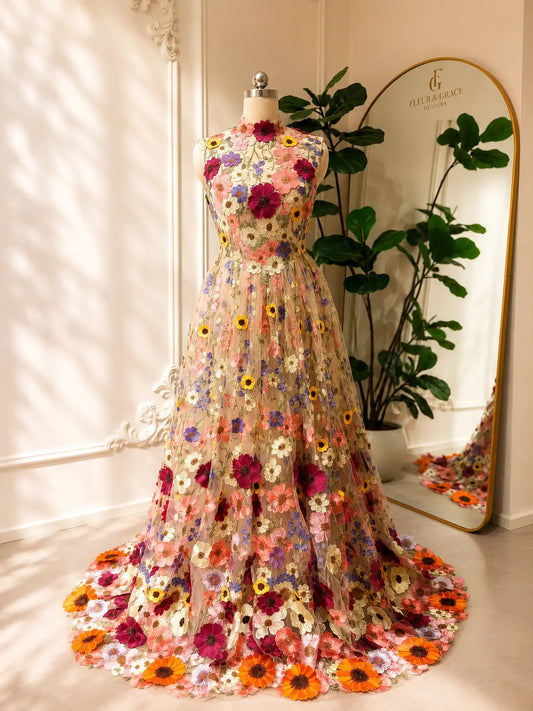 High-neck A-line wedding dress featuring colorful 3D floral embroidery on sheer tulle with a sweeping train.