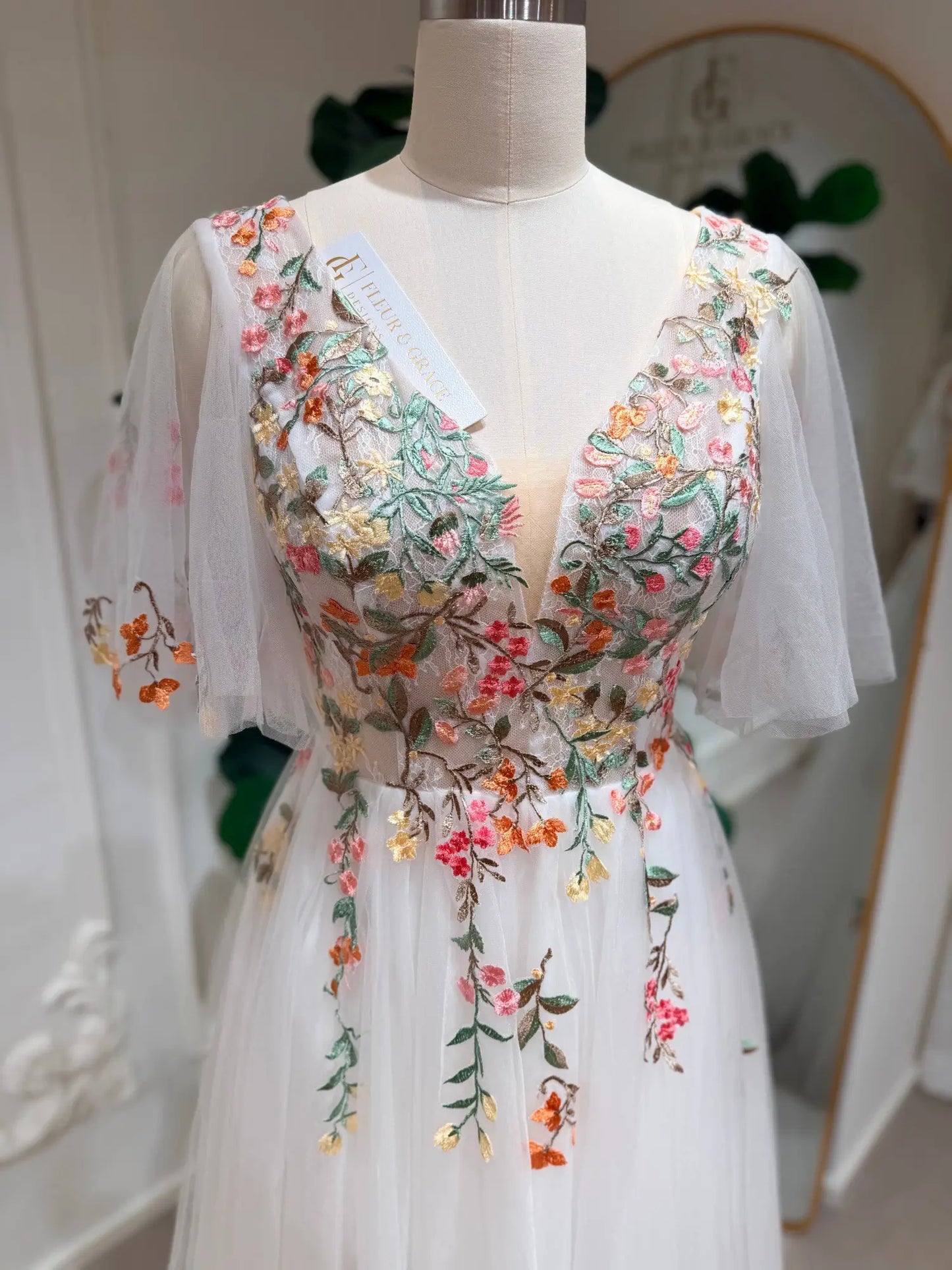 Elina - Floral Wedding Dress with Angel Sleeves & Slit