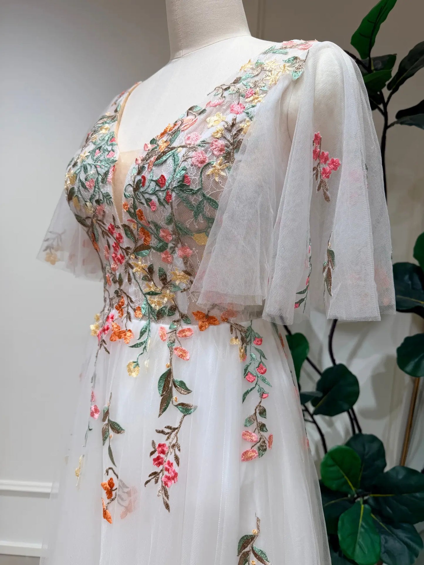 Elina - Floral Wedding Dress with Angel Sleeves & Slit