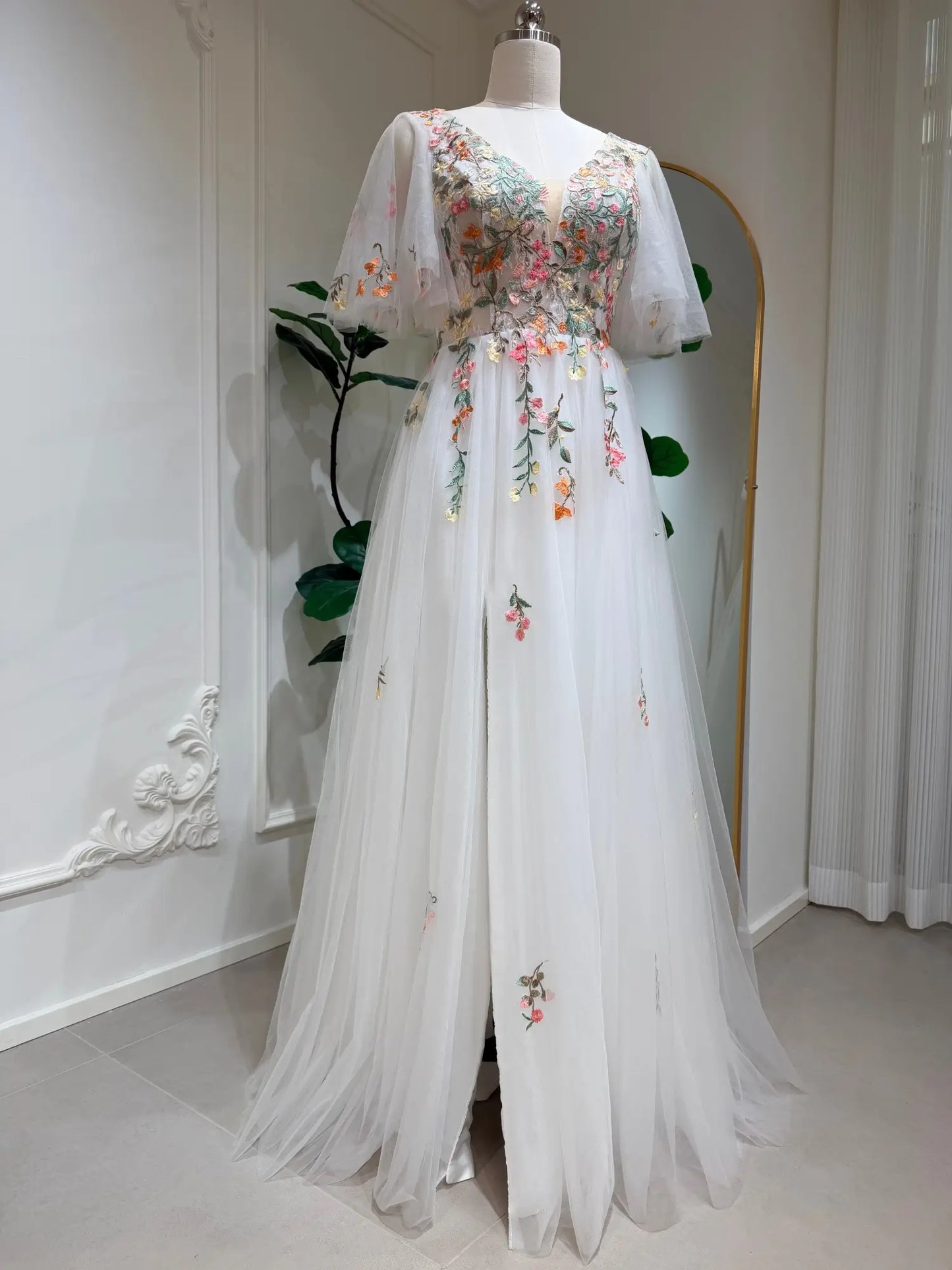 Elina - Floral Wedding Dress with Angel Sleeves & Slit