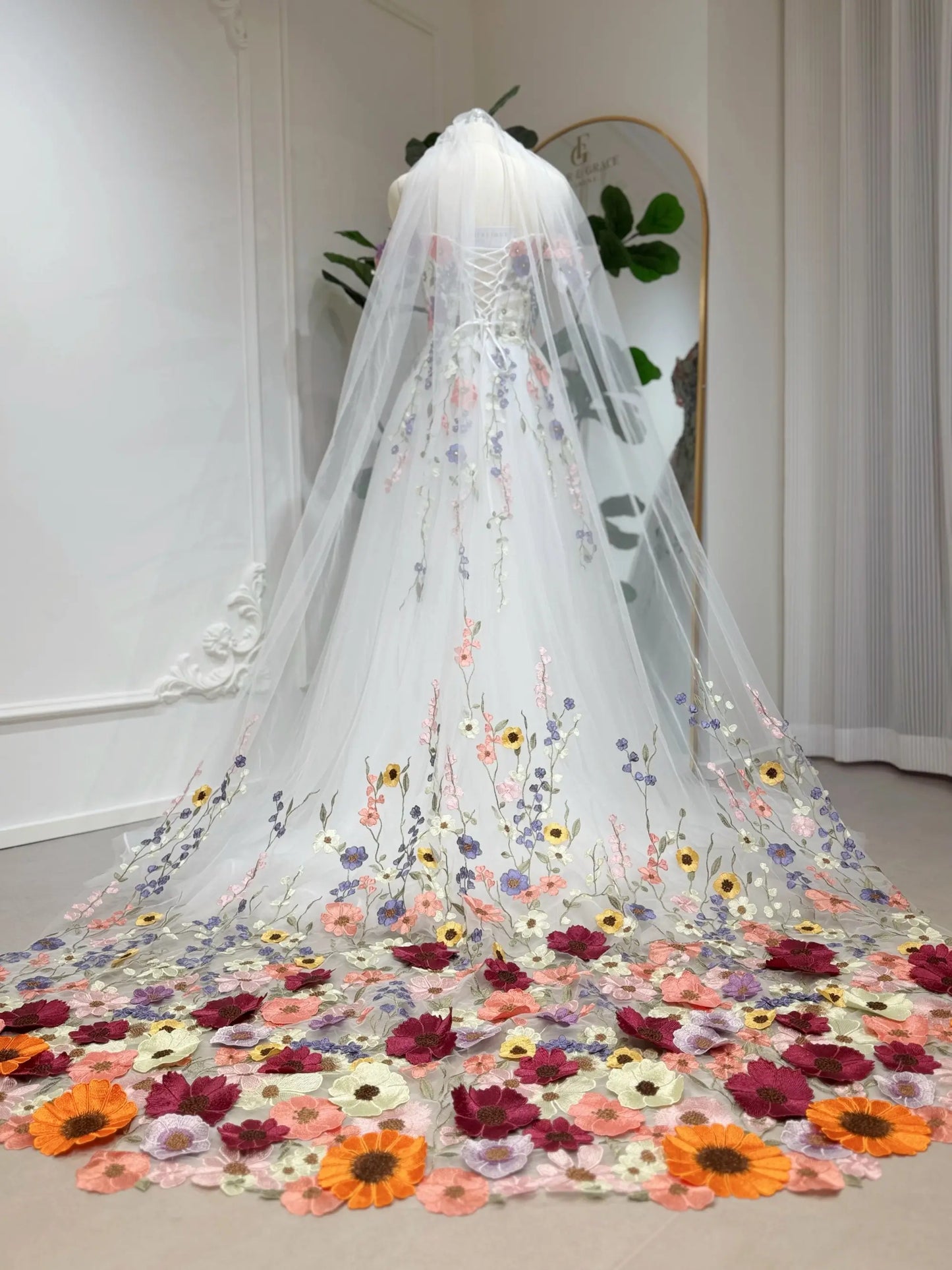 Fiona floral wedding veil with 3D flower appliqué, cathedral length design. Perfect match for Fiona gown. Handmade bridal veil.