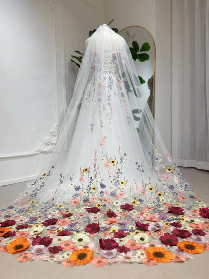Fiona floral wedding veil with 3D flower appliqué, cathedral length design. Perfect match for Fiona gown. Handmade bridal veil.