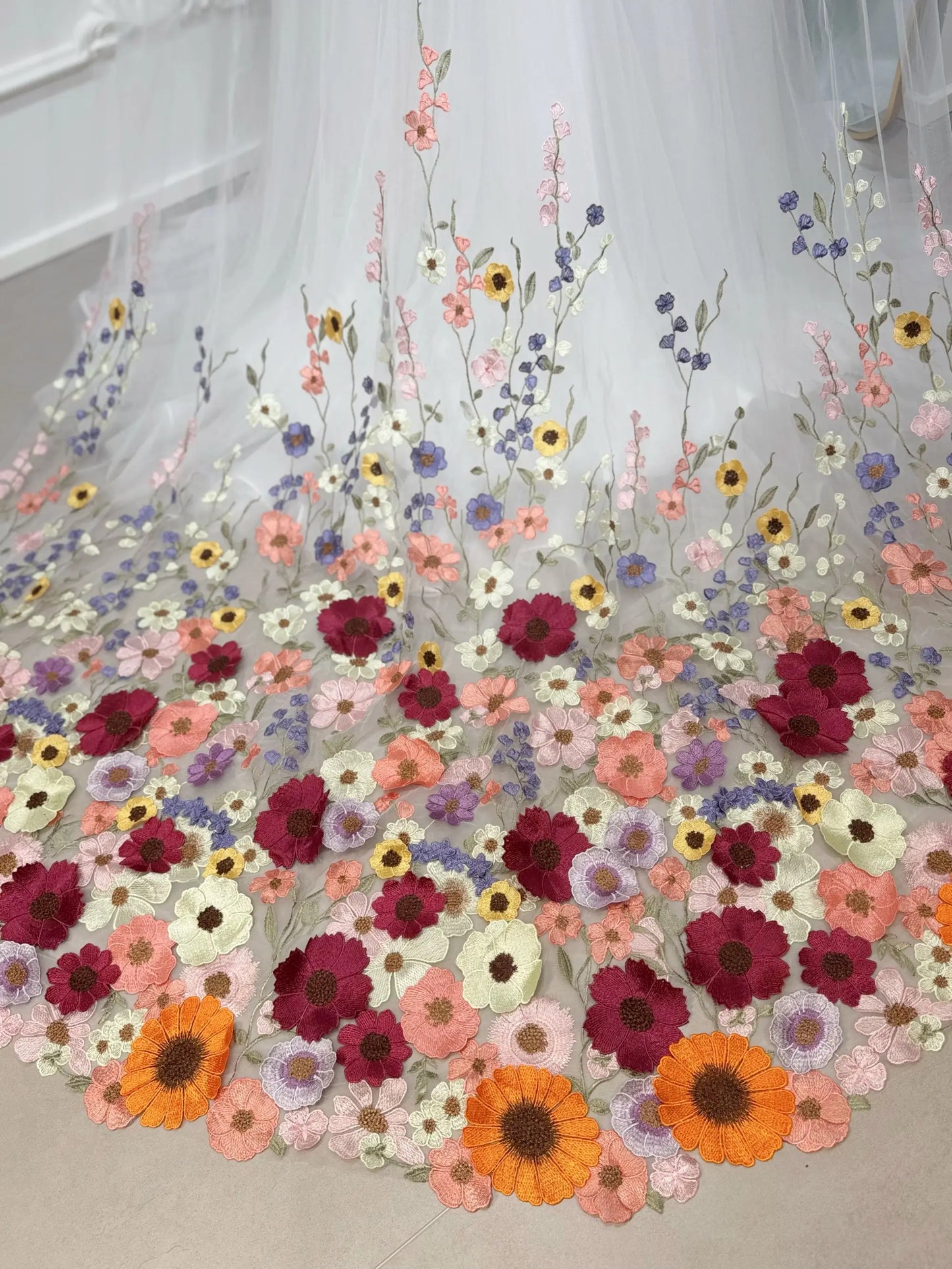 Fiona floral wedding veil with 3D flower appliqué, cathedral length design. Perfect match for Fiona gown. Handmade bridal veil.