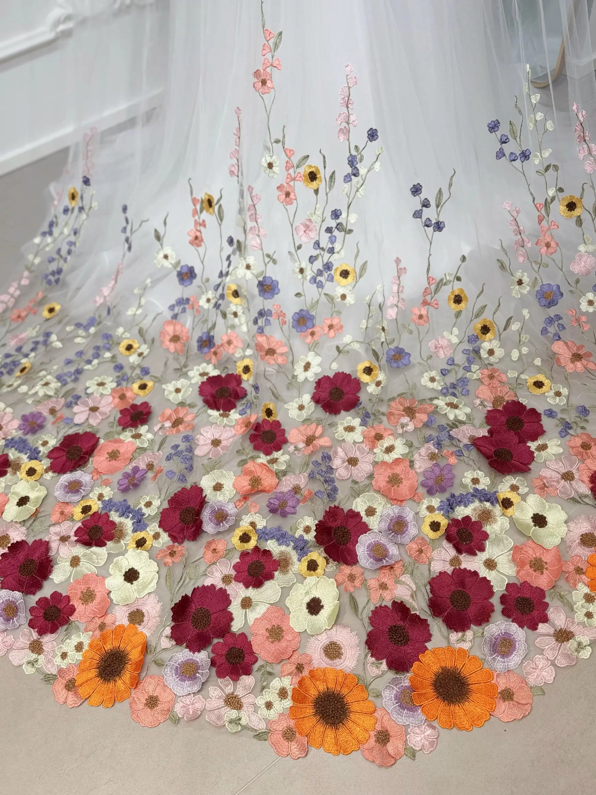 Fiona floral wedding veil with 3D flower appliqué, cathedral length design. Perfect match for Fiona gown. Handmade bridal veil.