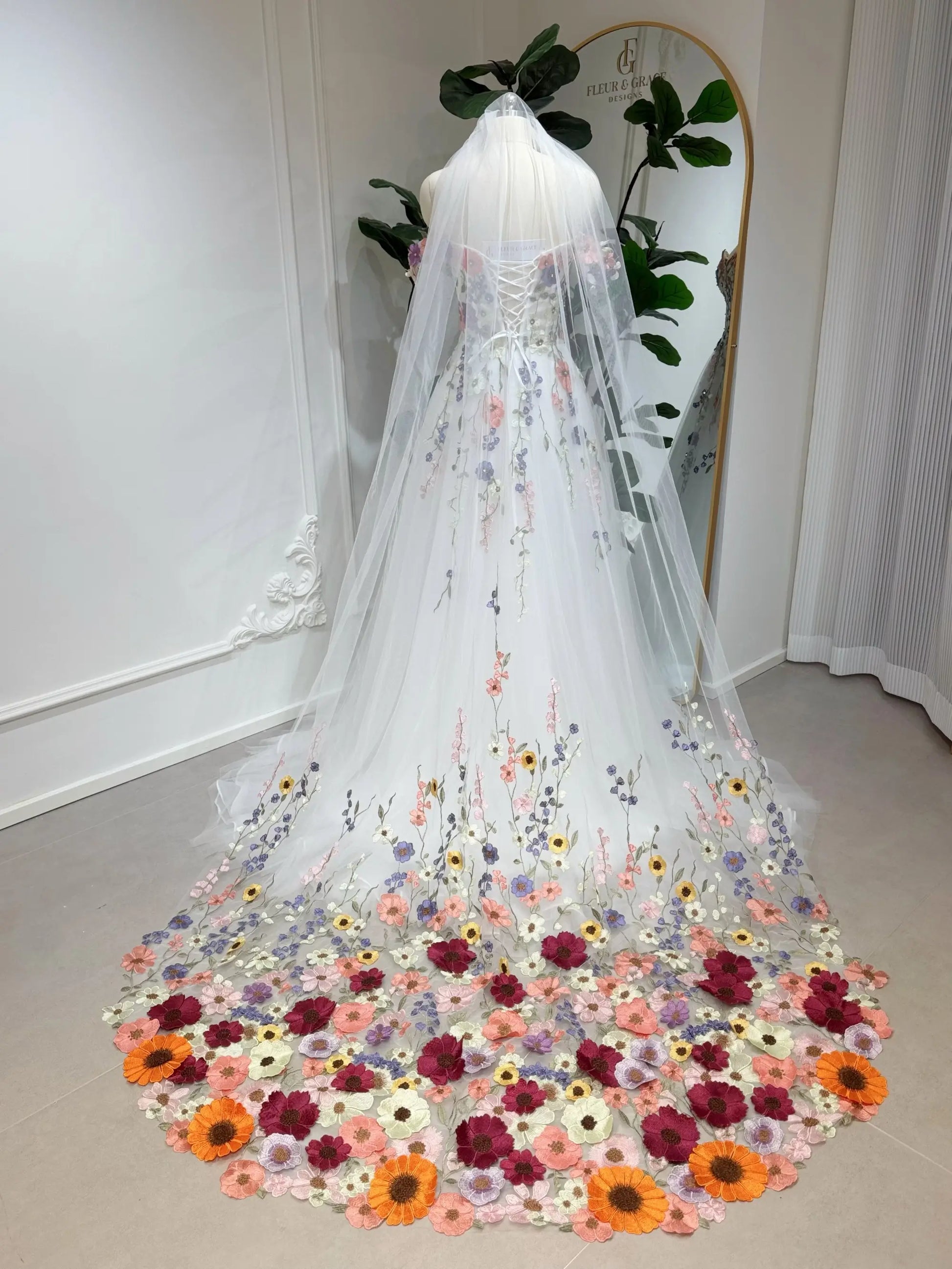 Fiona floral wedding veil with 3D flower appliqué, cathedral length design. Perfect match for Fiona gown. Handmade bridal veil.