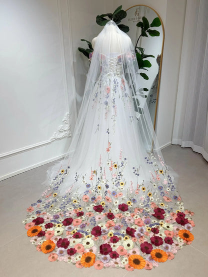 Fiona floral wedding veil with 3D flower appliqué, cathedral length design. Perfect match for Fiona gown. Handmade bridal veil.