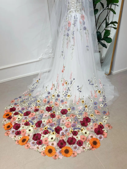 Fiona floral wedding veil with 3D flower appliqué, cathedral length design. Perfect match for Fiona gown. Handmade bridal veil.