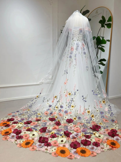 Fleur Grace Designs Fiona floral wedding dress with 3D appliqué flowers, off-shoulder neckline & tulle A-line skirt. Matching veil available