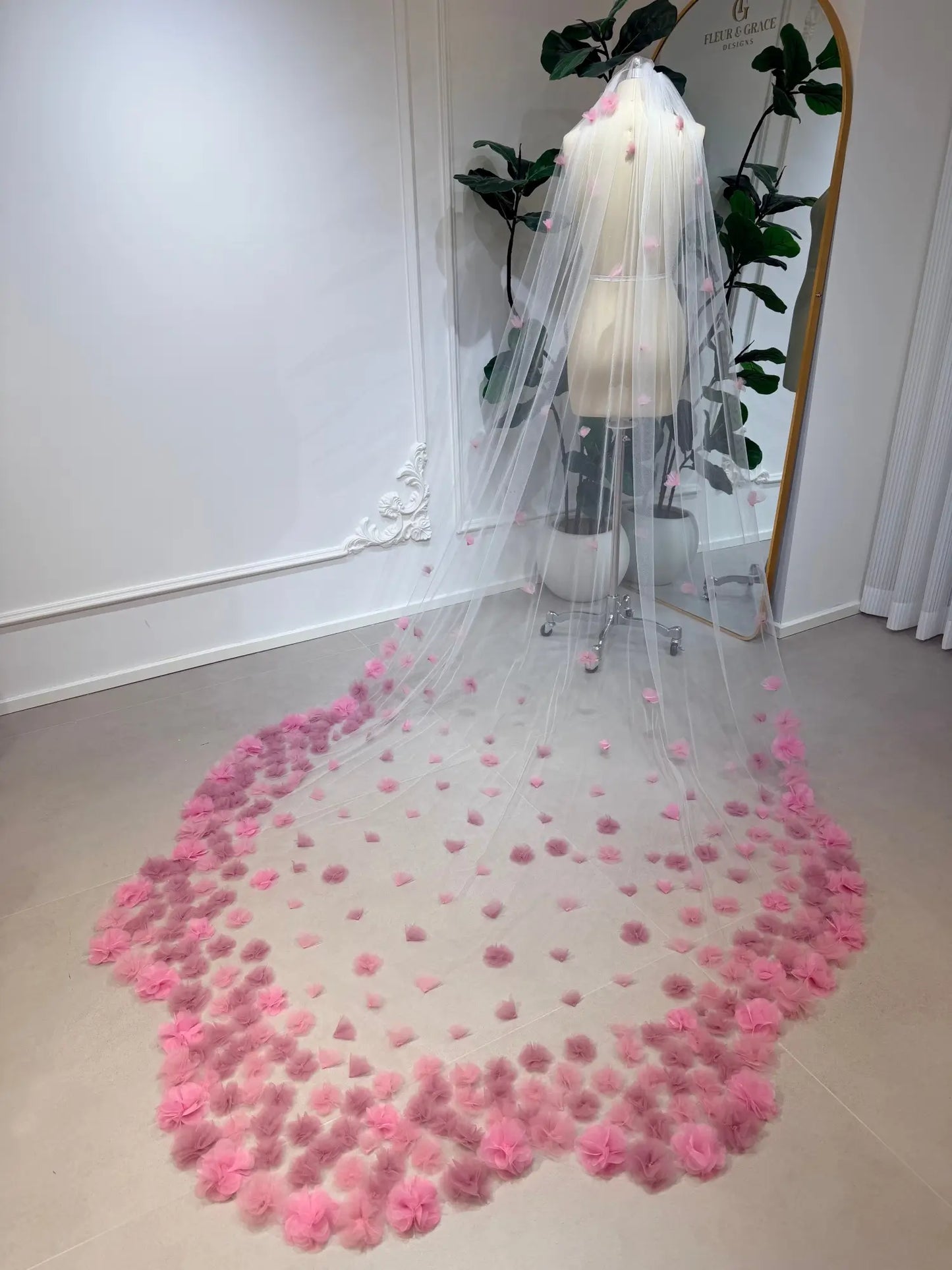 Kaia Veil - Cathedral Wedding Veil with Handmade Pink 3D Flowers