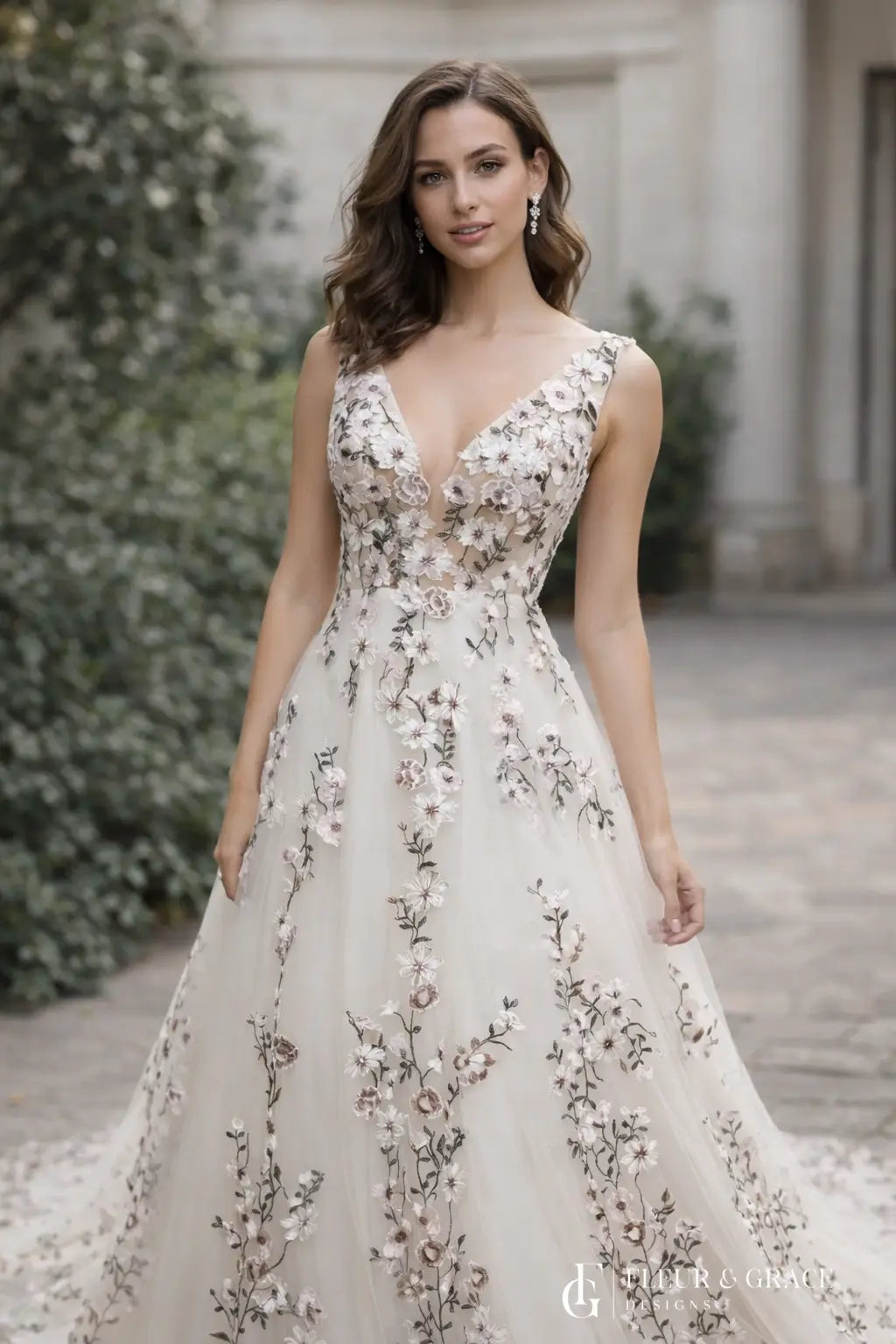 Kate Gown featuring a V-neckline and tulle fabric with delicate meadow-inspired floral embroidery.