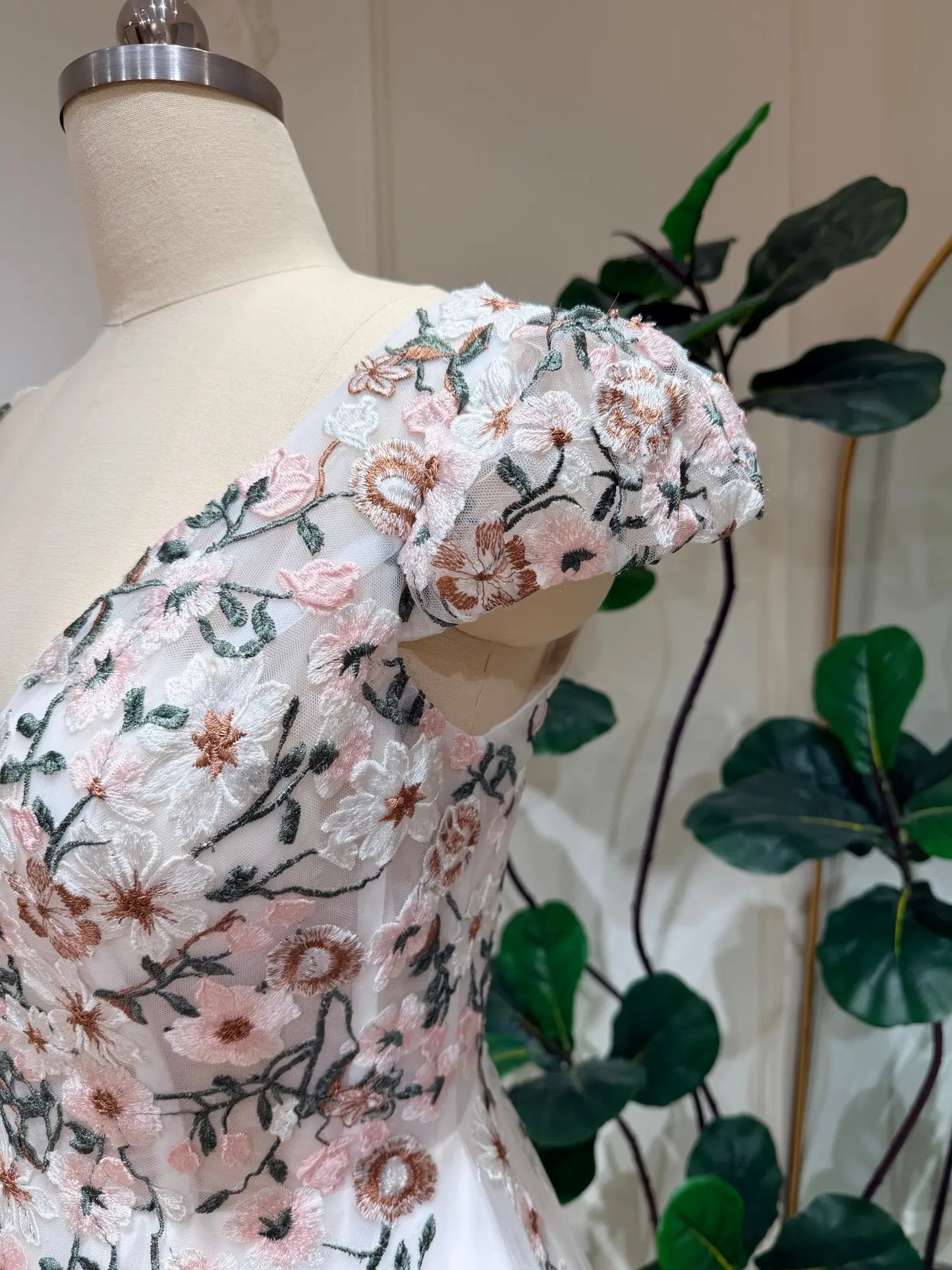 Kate Gown with Cap Sleeves, Floral Wedding Dress with 3D Blossom Embroidery