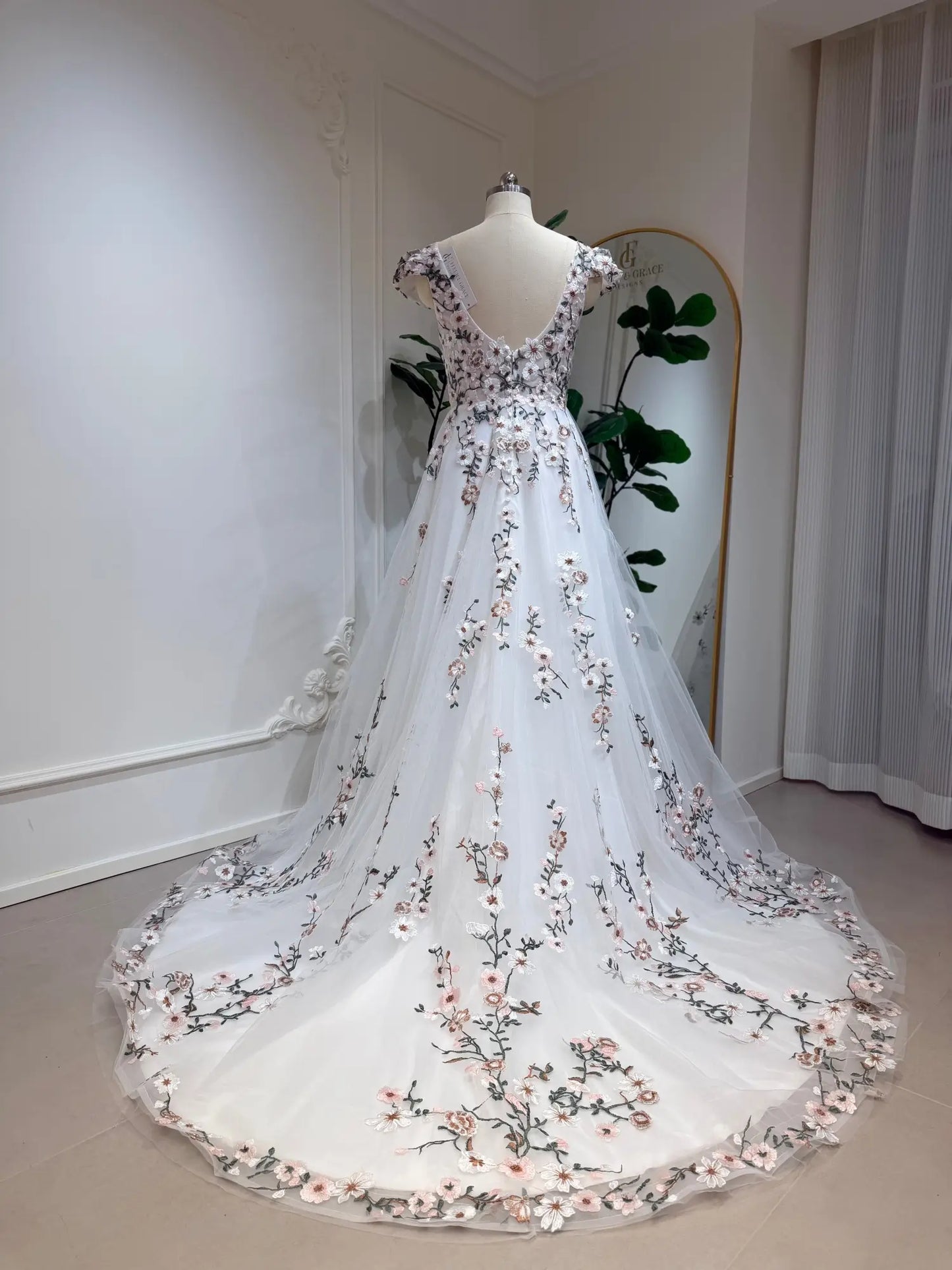 Kate Gown with Cap Sleeves, Floral Wedding Dress with 3D Blossom Embroidery