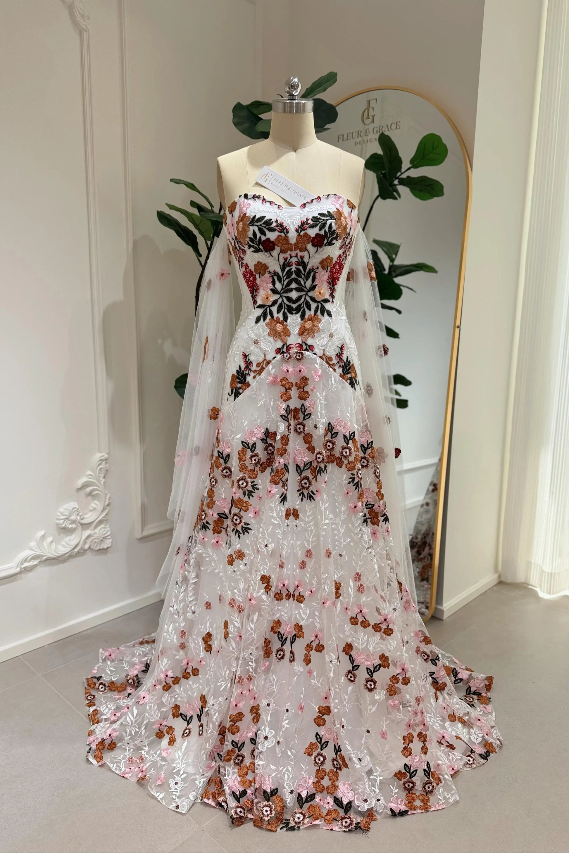 Kora– Boho Wedding Dress with Colorful Flowers, Removable Cape Sleeves & Corset Back Off White / Corset / 14