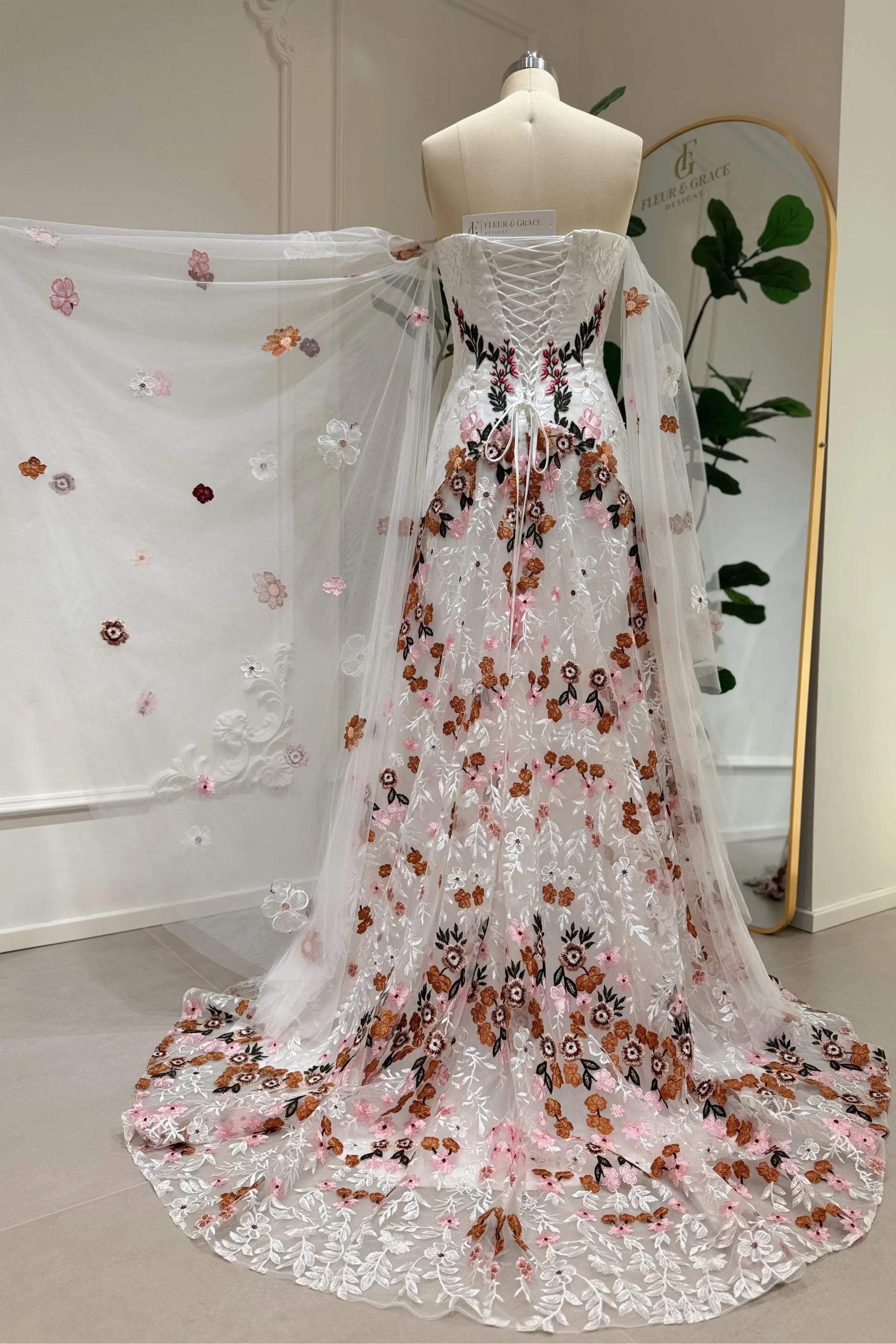 Kora– Boho Wedding Dress with Colorful Flowers, Removable Cape Sleeves & Corset Back Off White / Corset / 14