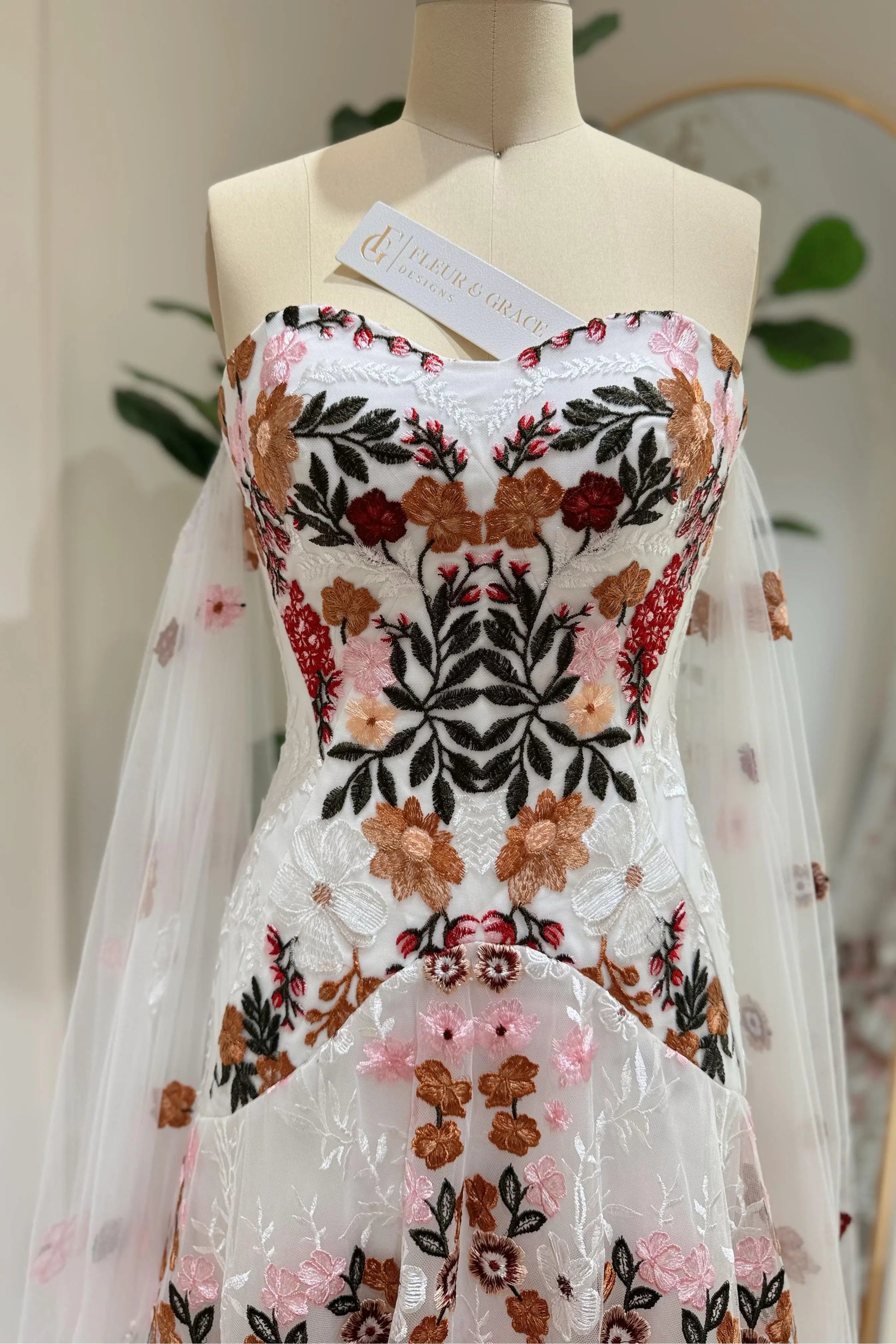 Kora– Boho Wedding Dress with Colorful Flowers, Removable Cape Sleeves & Corset Back Off White / Corset / 14