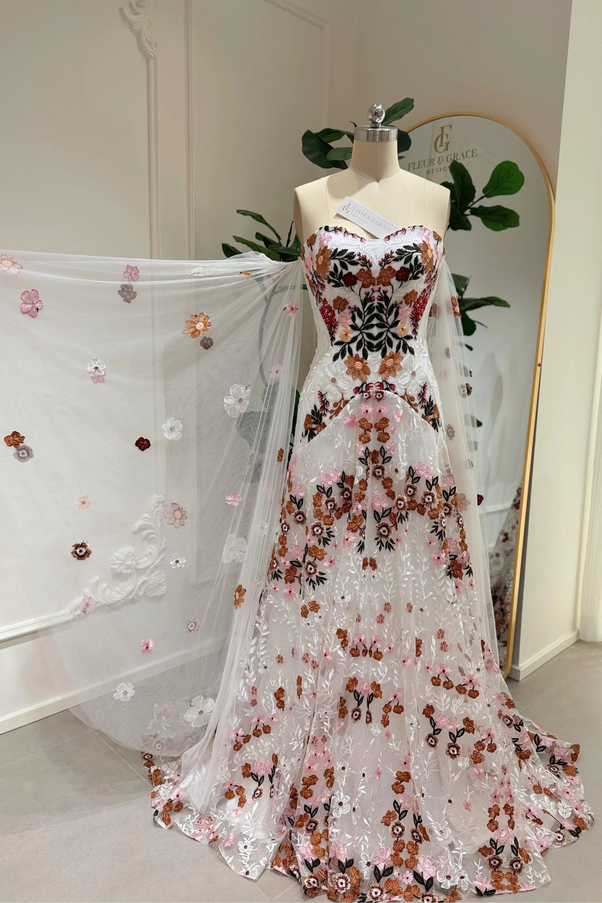 Kora– Boho Wedding Dress with Colorful Flowers, Removable Cape Sleeves & Corset Back Off White / Corset / 14