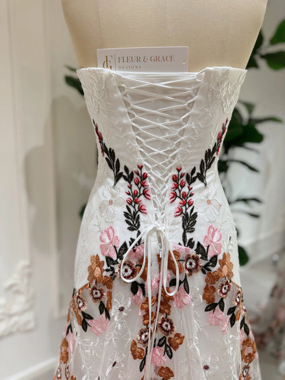 Kora – Colorful Floral Boho Wedding Dress with Removable Cape Sleeves & Corset Back,Whimsical Wedding Dresses, Bohemian Wedding Dresses,