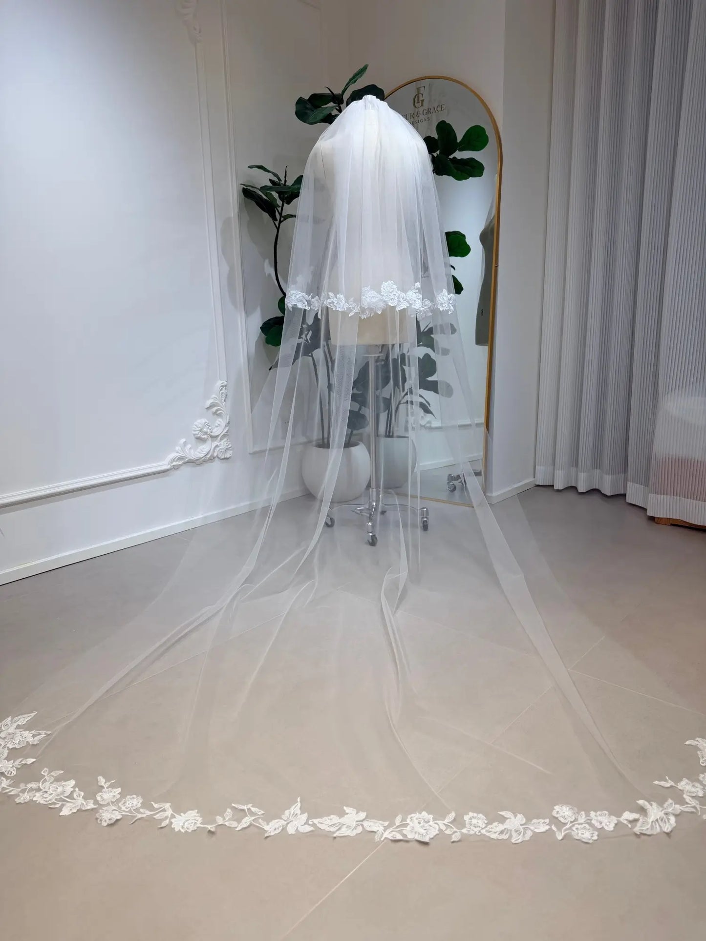 Lacie Veil - Cathedral Wedding Veil with Floral Lace Edge