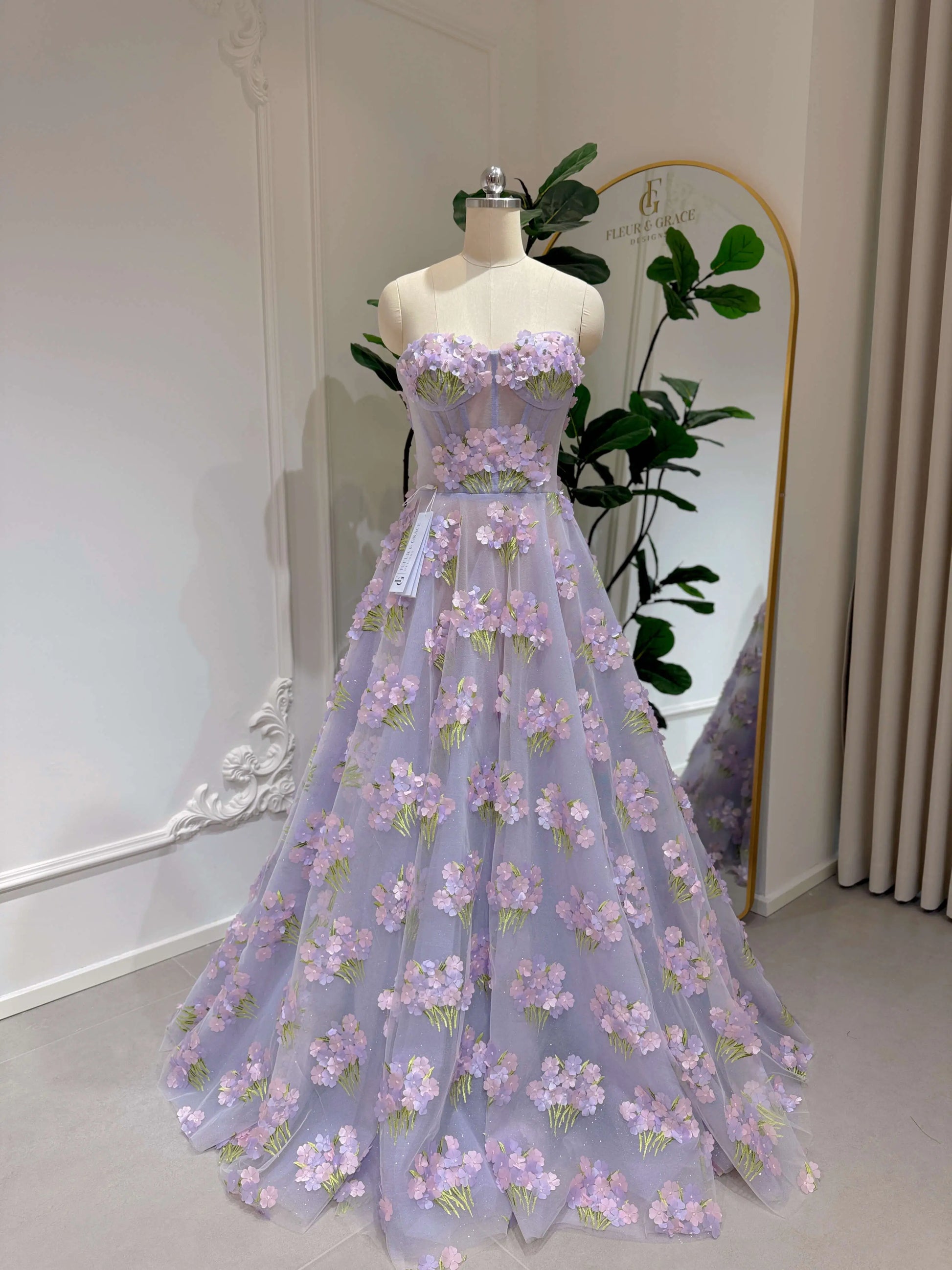 Lavender Elysia Gown – 3D Hydrangea Floral Prom Dresses Strapless Lace-up Back Lavender / 12