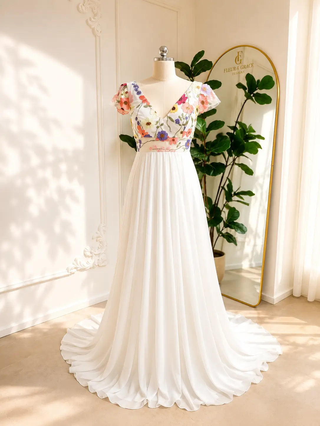 A-line chiffon wedding dress with a V-neck, floral embroidered bodice, cap sleeves, and a flowing white skirt.