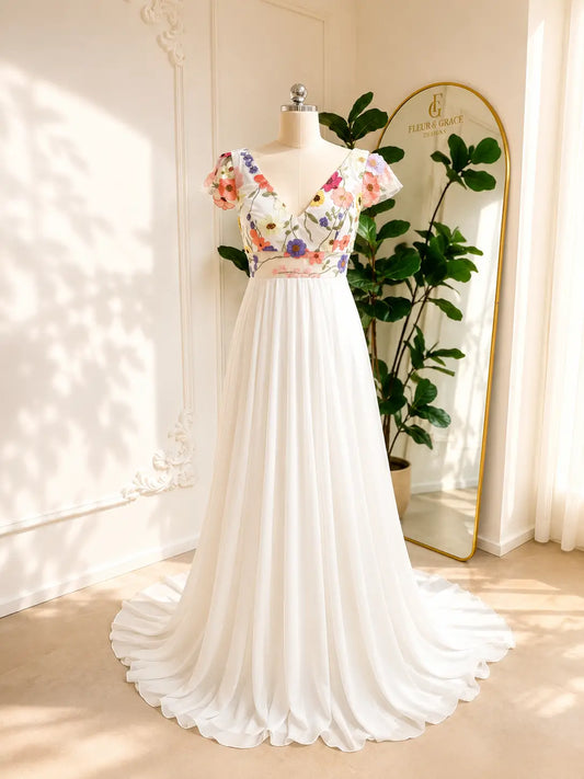 A-line chiffon wedding dress with a V-neck, floral embroidered bodice, cap sleeves, and a flowing white skirt.
