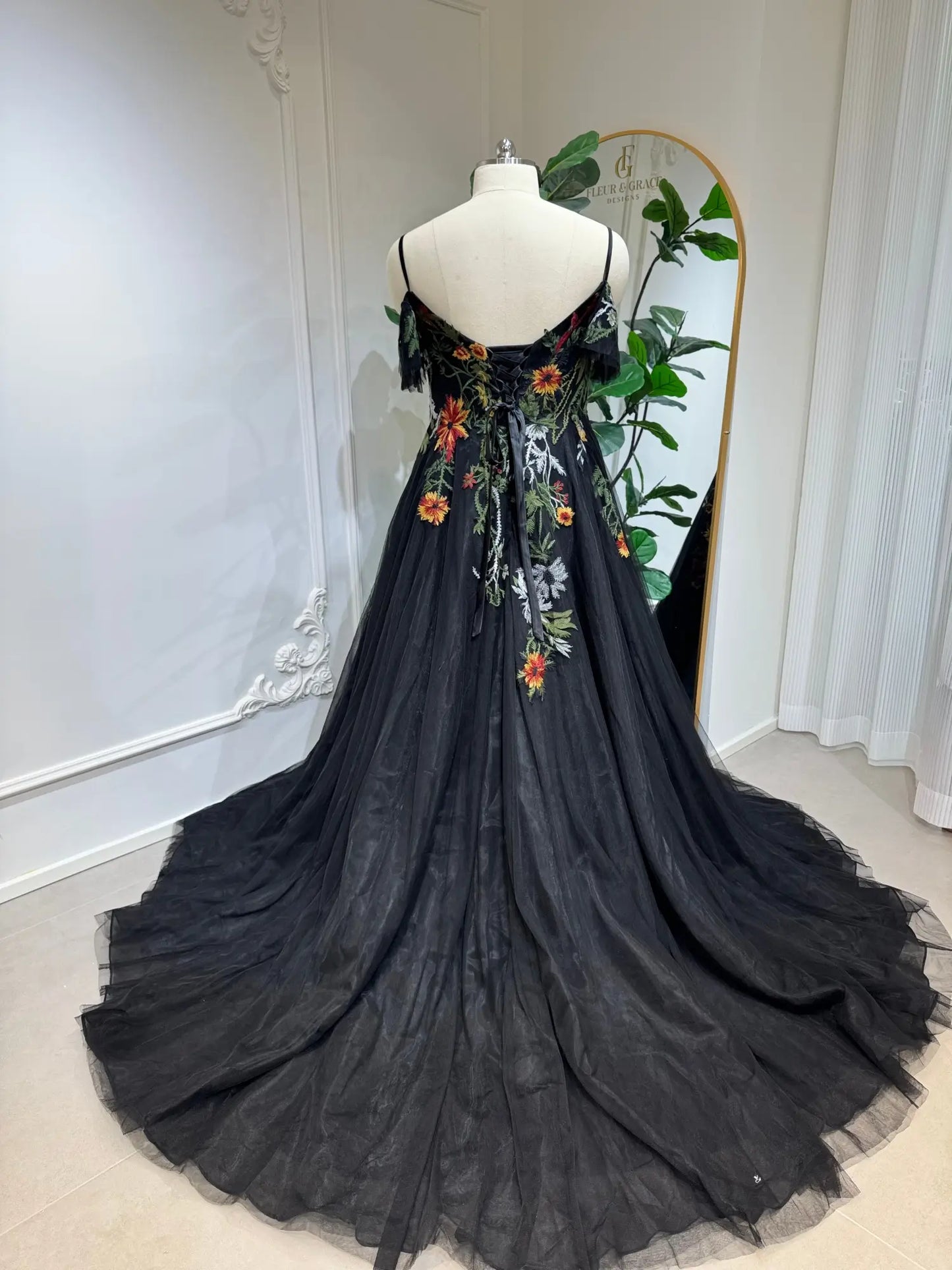 Lumina - Black Floral Embroidered Wedding Dress with Spaghetti Straps