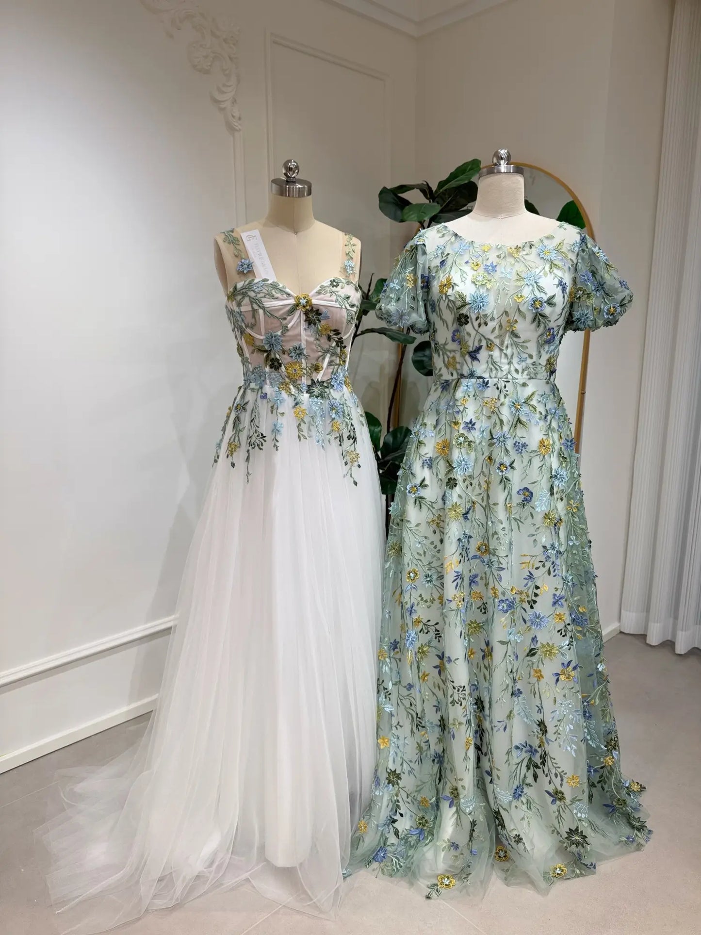 Meadow - Green Floral Embroidered Wedding Dress with Puff Sleeves