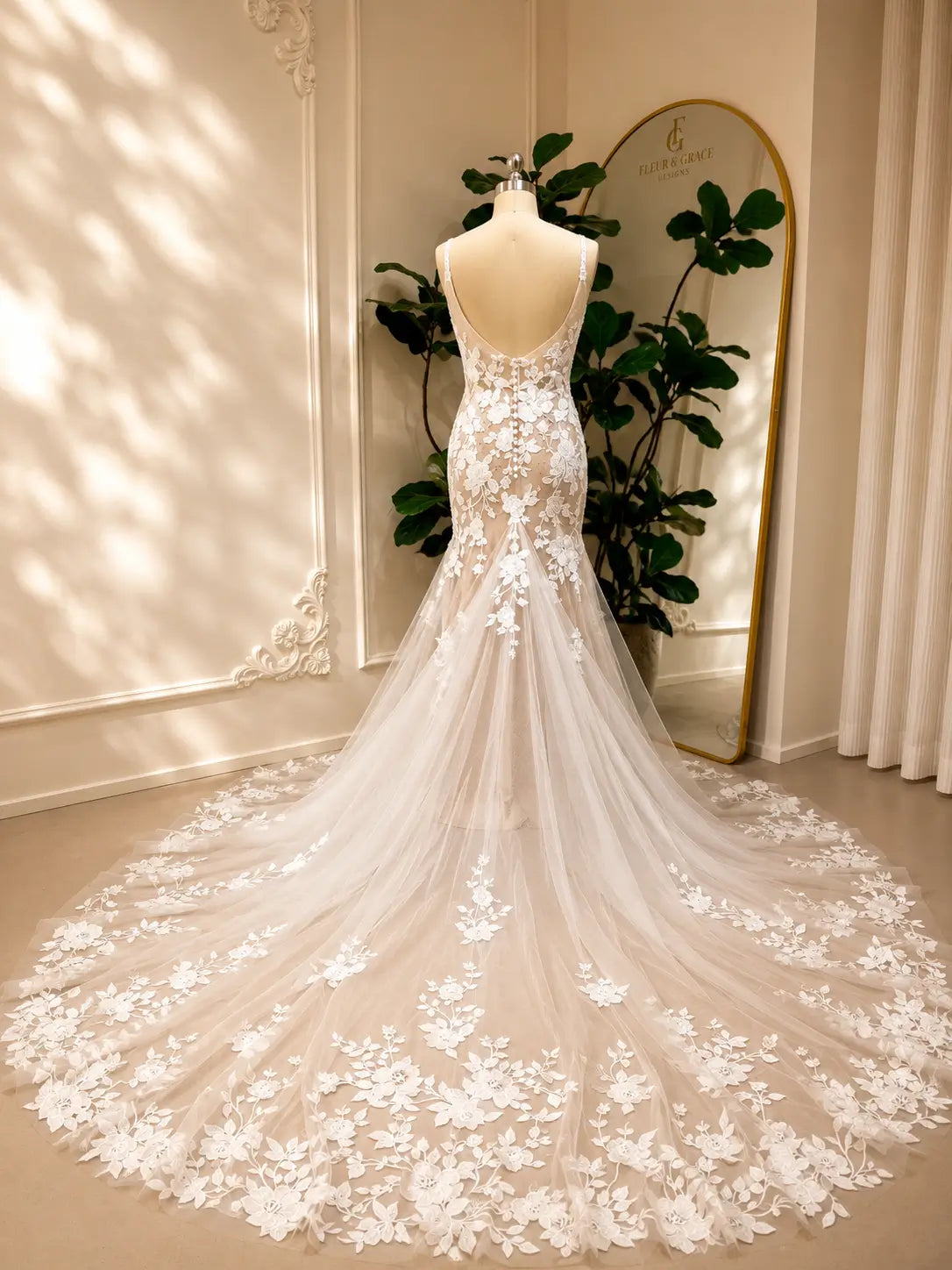 Nola mermaid wedding dress with floral lace appliqué, nude illusion lining, and a dramatic, flowing tulle train.