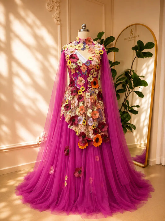 Magenta tulle corset gown featuring 3D floral appliqués, illusion neckline, and dramatic detachable cape sleeves.