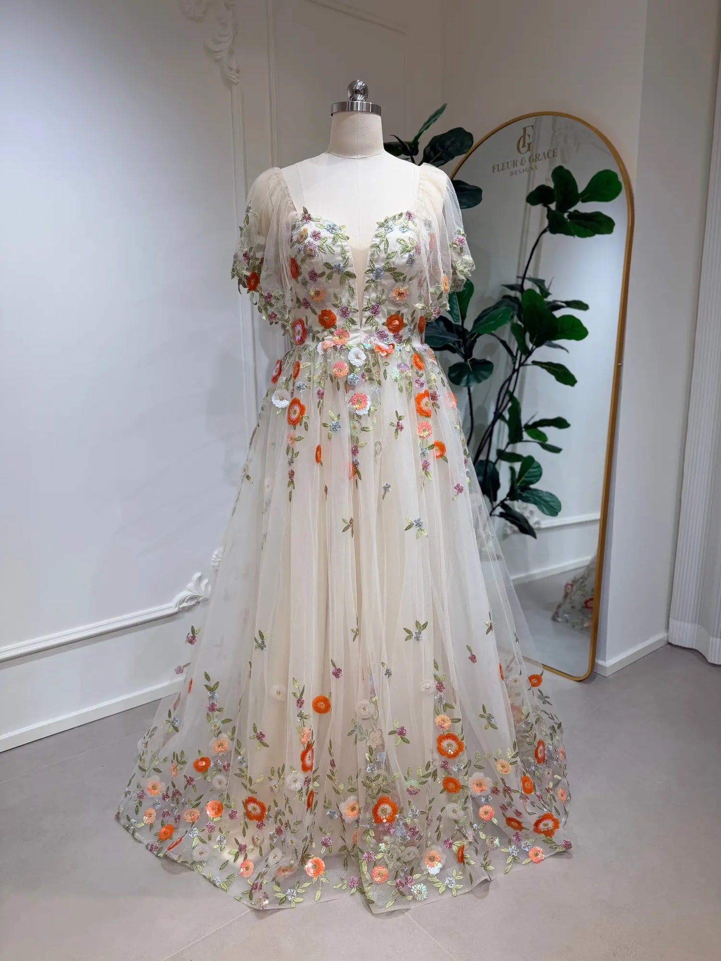 Raya - Floral Embroidered Wedding Dress with Angel Sleeves, Corset Back
