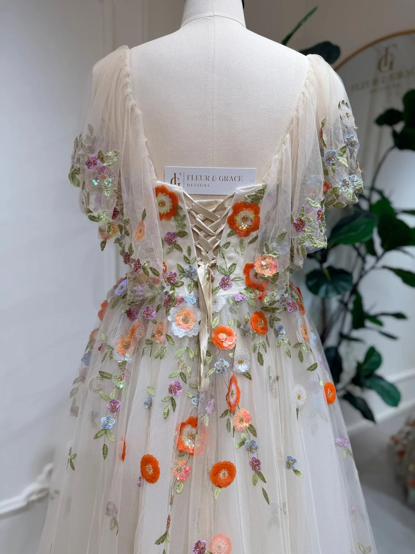 Raya - Floral Embroidered Wedding Dress with Angel Sleeves, Corset Back