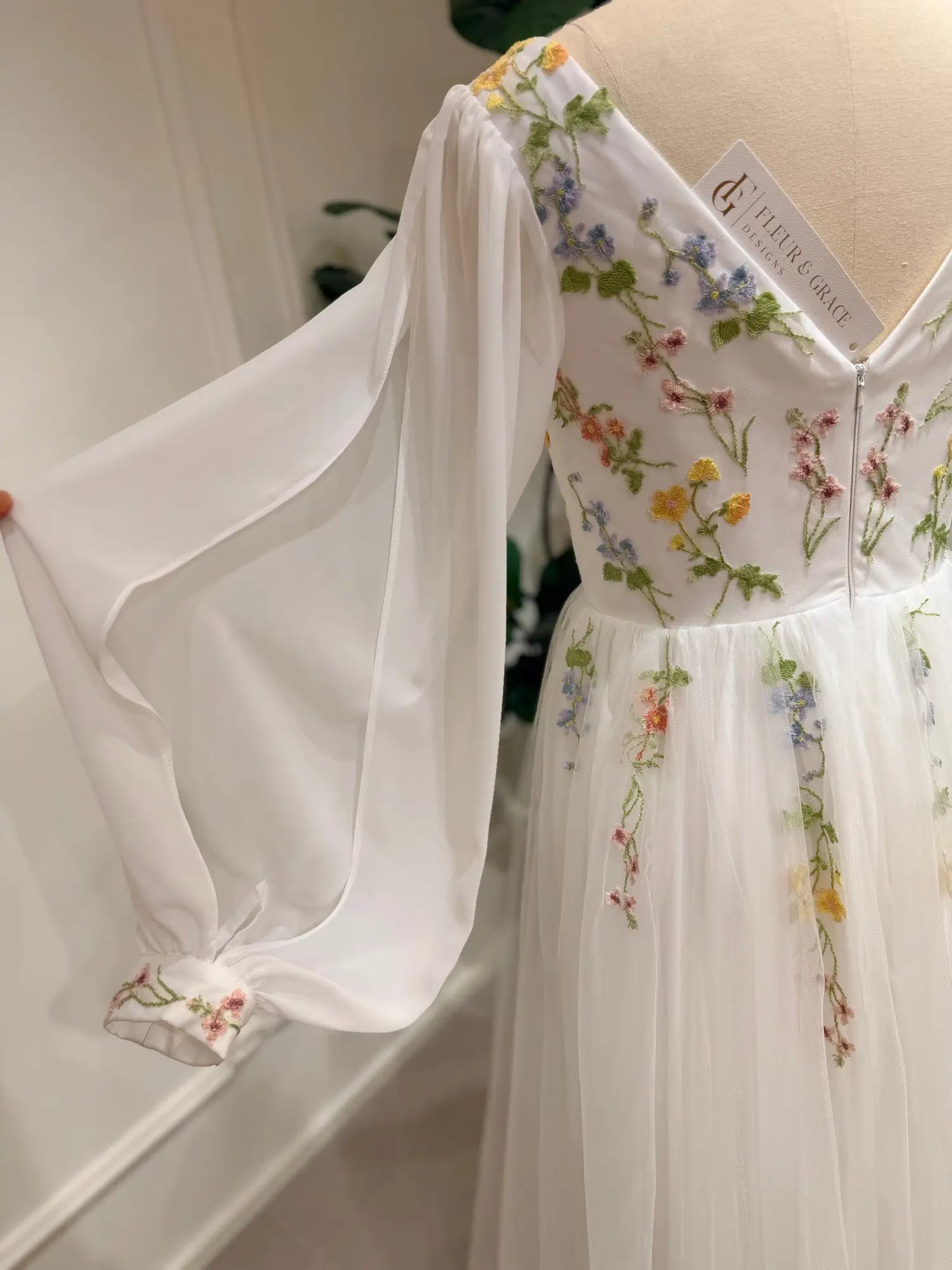Stacey - Floral Embroidered A-Line Wedding Dress with Slit