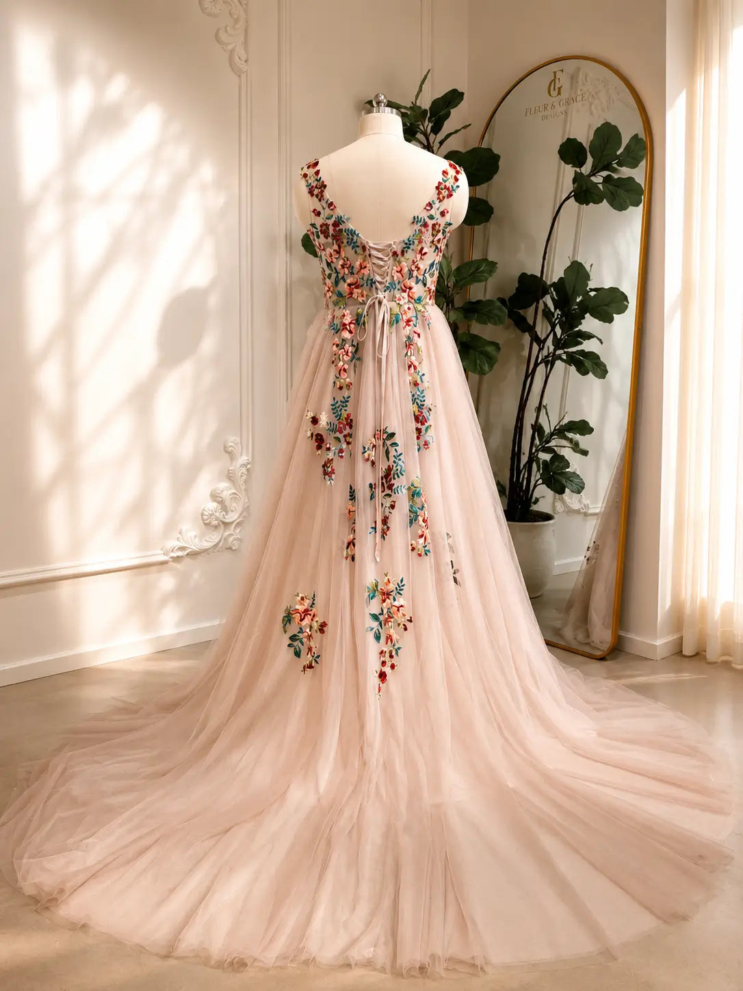Blush A-line wedding dress with colorful floral embroidery, illusion V-back, and adjustable corset lace-up closure.