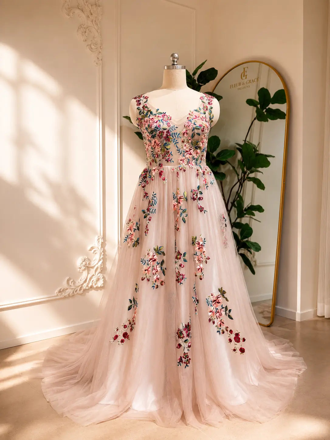Blush A-line wedding dress featuring colorful floral embroidery, an illusion sweetheart neckline, and flowing tulle skirt.