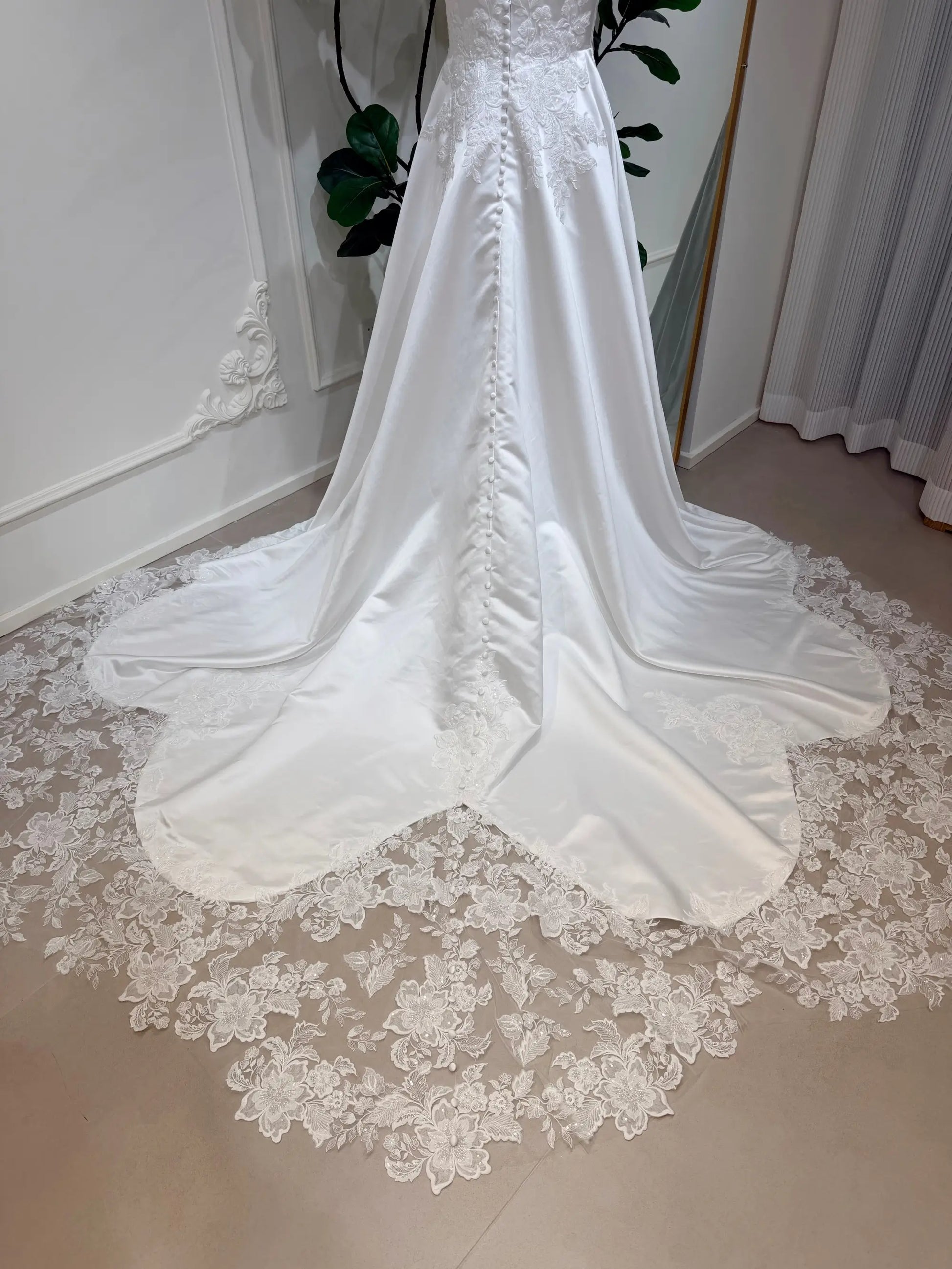 TATE luxury satin wedding dress with lace appliqué, deep V-neck & sculpted A-line silhouette. Couture bridal gown, custom made