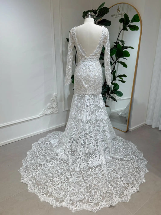 Vera - Beaded Lace Mermaid Wedding Dress with Long Sleeves & Deep V Back