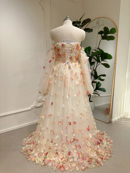 pink floor-length strapless dress with 3D floral appliqués, removable sleeves, lace-up back, and pockets, ideal for prom, wedding, and photography.