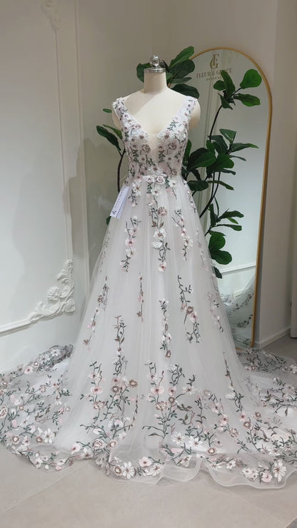 Kate Gown – Floral Embroidered Wedding Dresses with Pockets & Lace‑Up Back