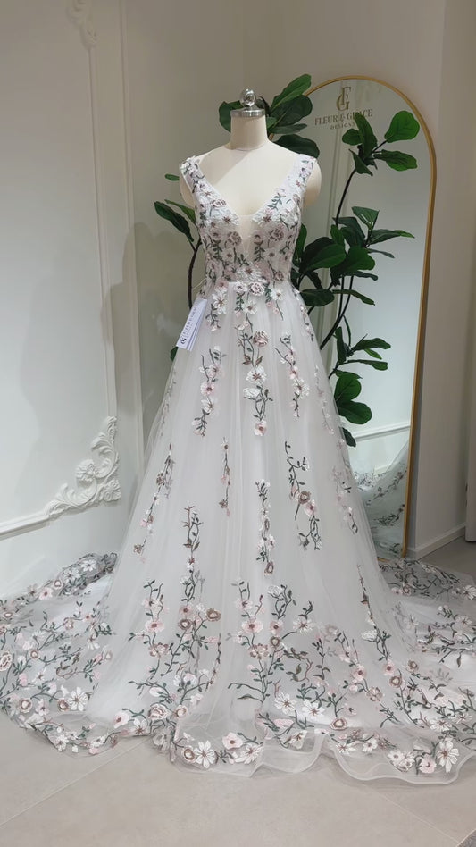 Kate Gown – Floral Embroidered Wedding Dresses with Pockets & Lace‑Up Back