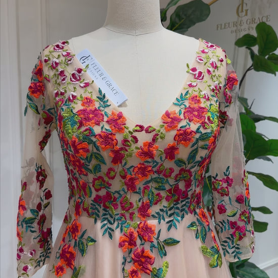 Monica Gown – Colorful Orange Floral Whimsical Wedding Dresses with 3/4 Sleeves