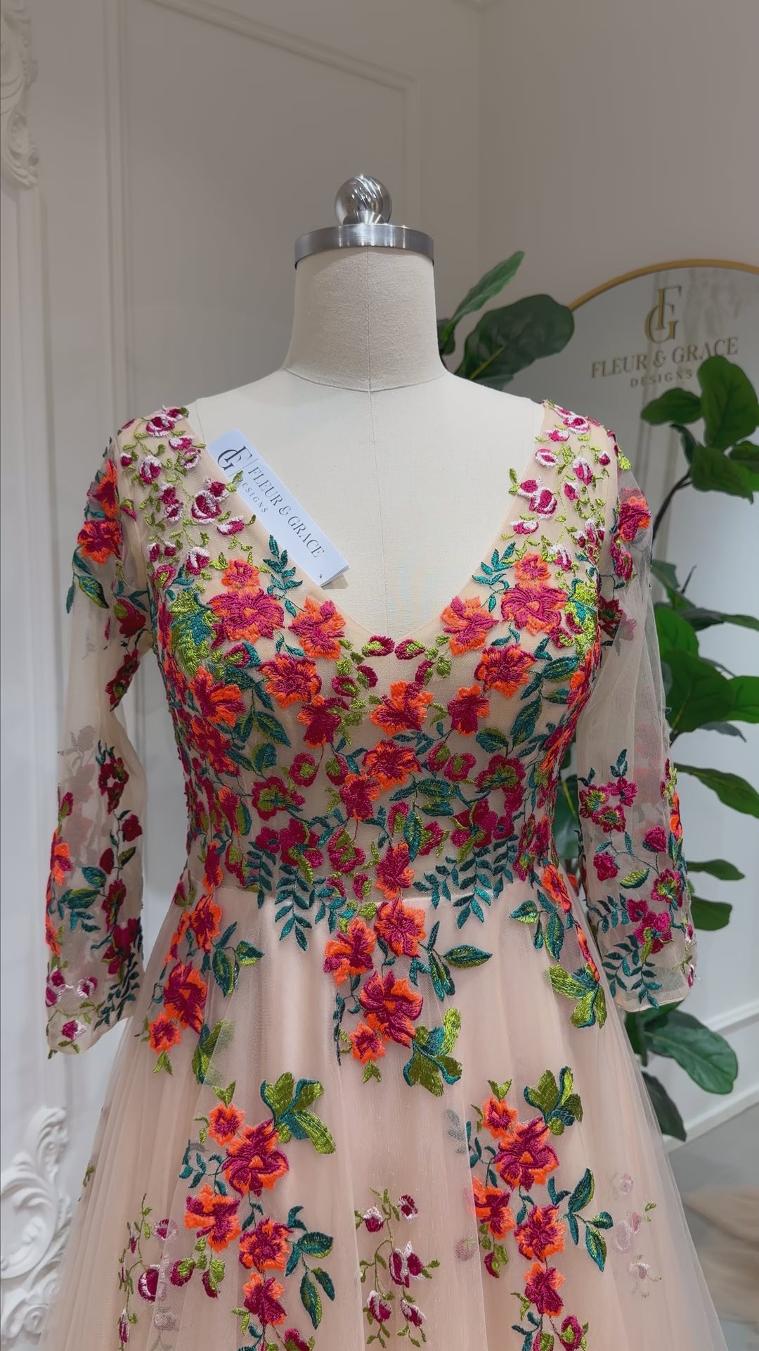 Monica Gown – Colorful Orange Floral Whimsical Wedding Dresses with 3/4 Sleeves