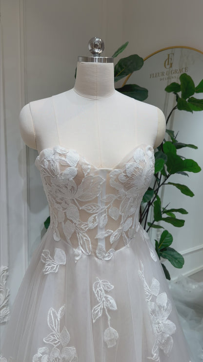 Celene - Strapless Tulle Wedding Dress with Floral Appliqué