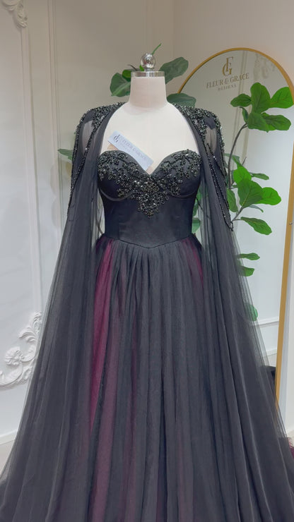Amaris - Black & Burgundy Wedding Dress with Detachable Cape