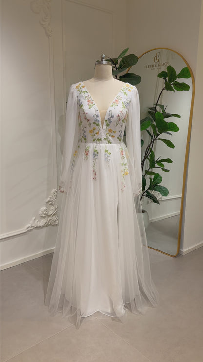 Stacey - Floral Embroidered A-Line Wedding Dress with Slit
